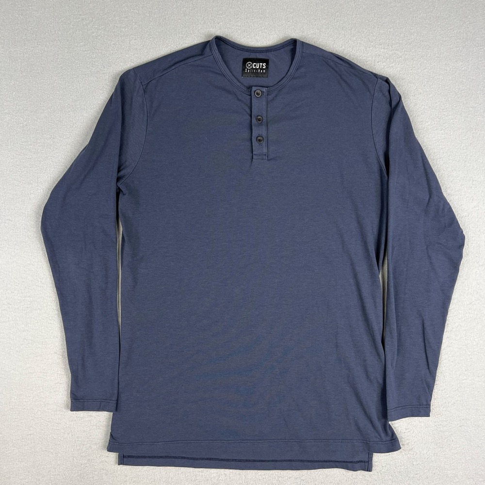 Cuts Clothing Henley Shirt Mens L Blue Split Hem Long Sleeve Stretch Active‎ USA